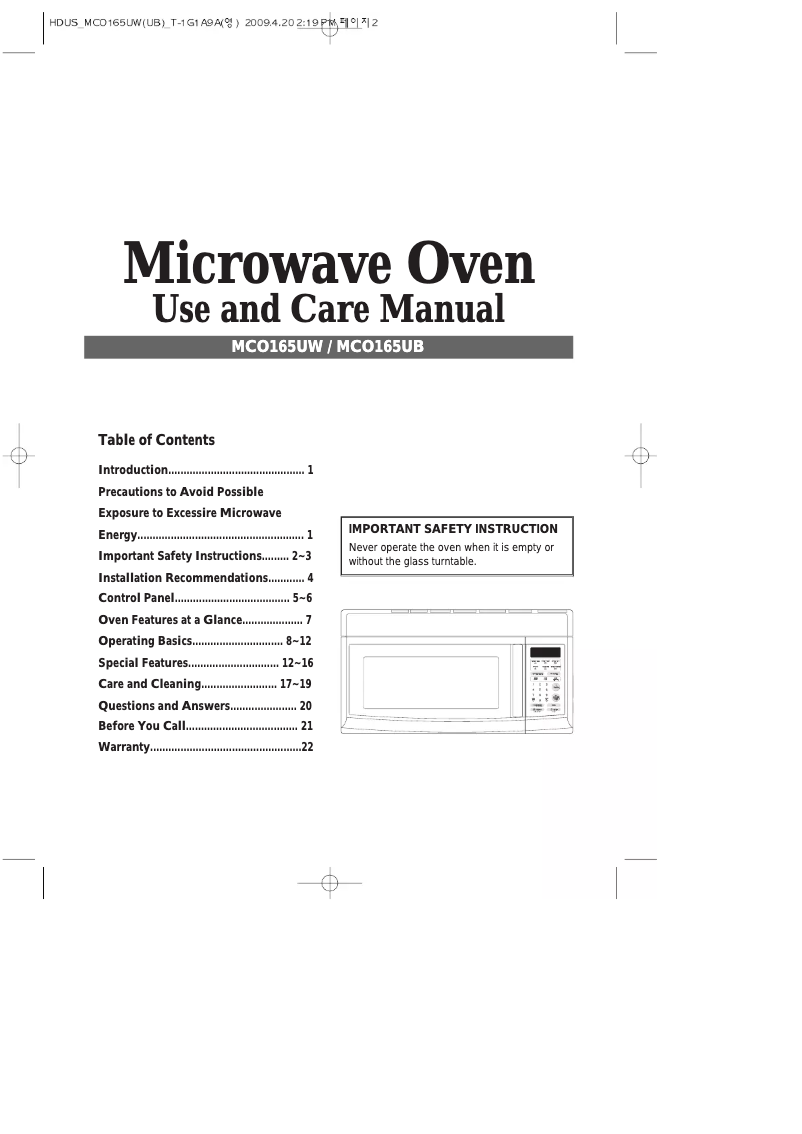 Image de la première page du manuel de l'appareil MCO165UB