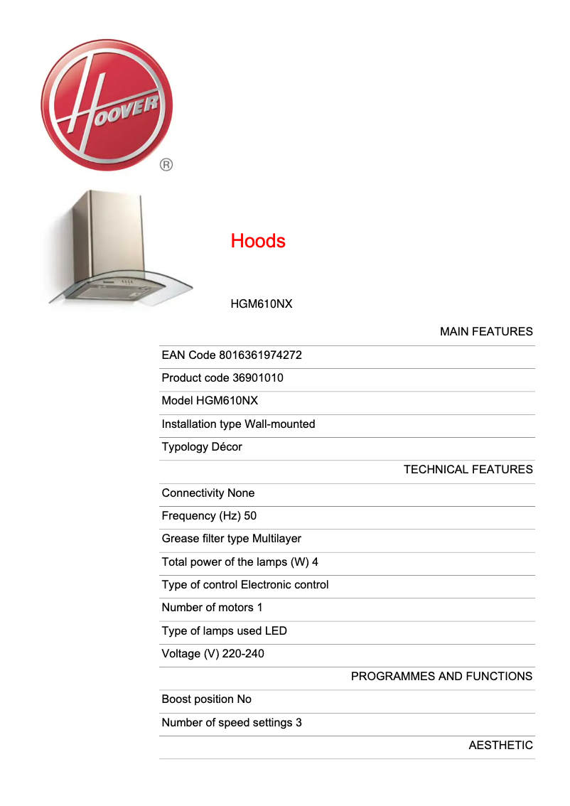 Page 1 de la notice Fiche technique Hoover HGM610NX