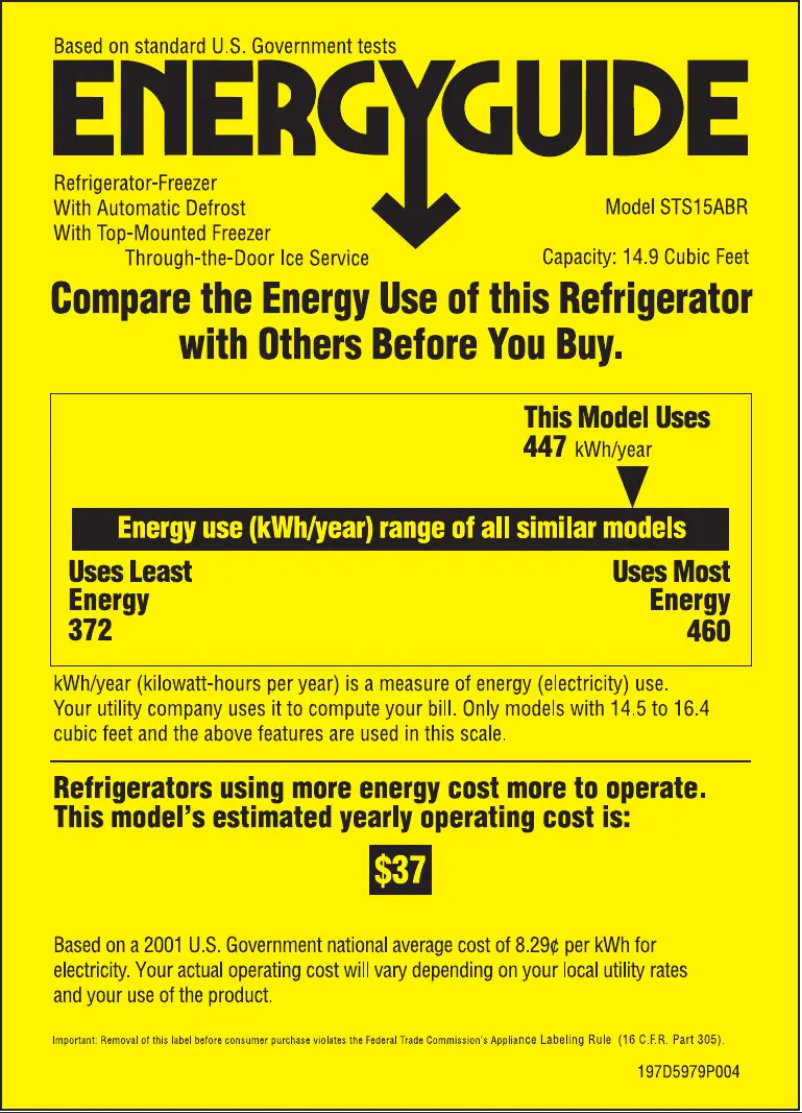 Page 1 de la notice Label énergétique GE STS15ABRWW