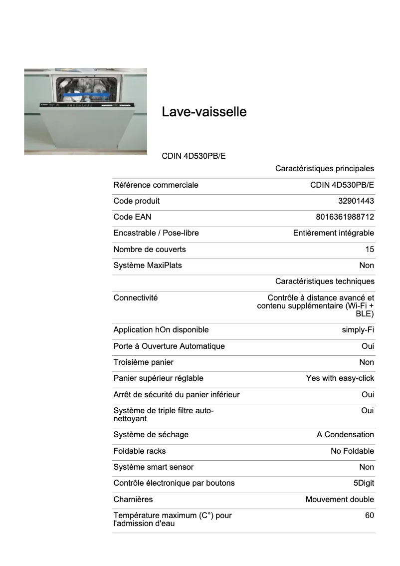 Page n°1 - Fiche technique Candy CDIN 4D530PB