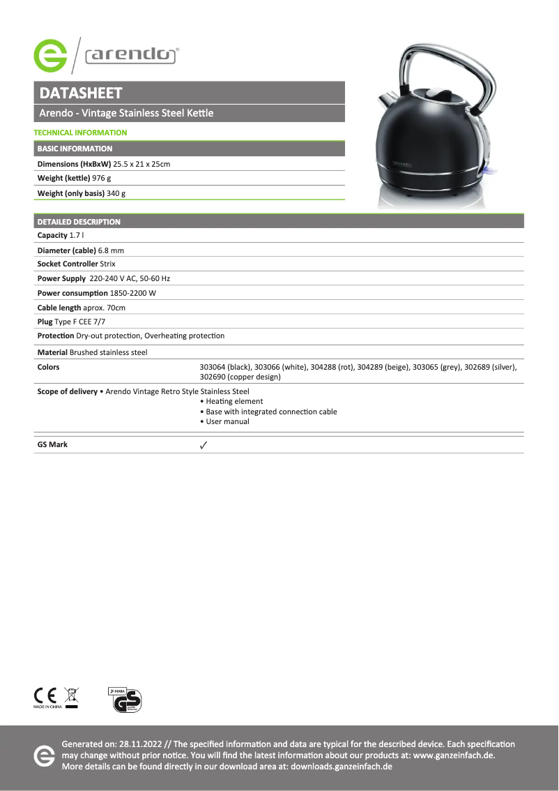 Page 1 de la notice Fiche technique Arendo Vintage 303065