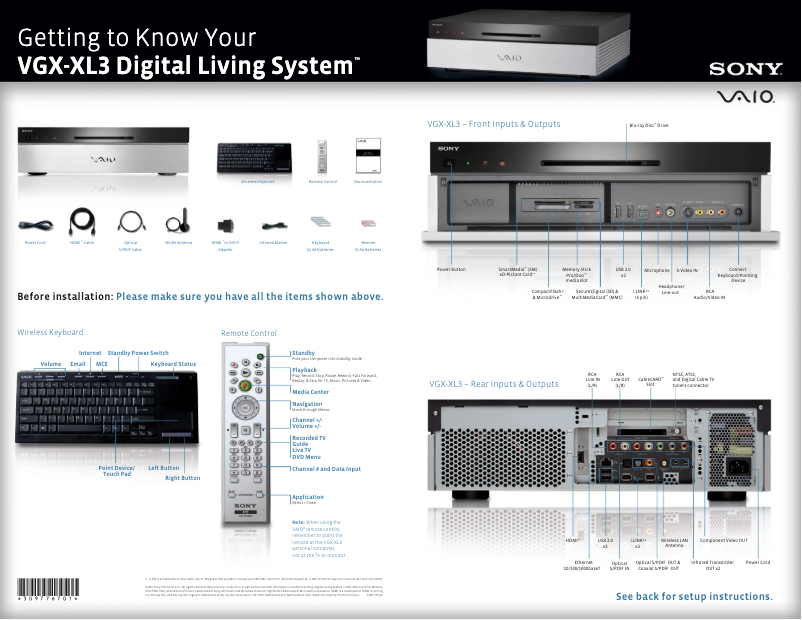 Page n°1 - Guide d'installation Sony Vaio VGX-XL3