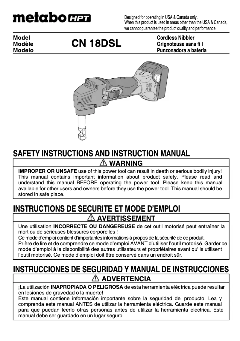 Page 1 de la notice Manuel utilisateur Metabo CN 18DSL