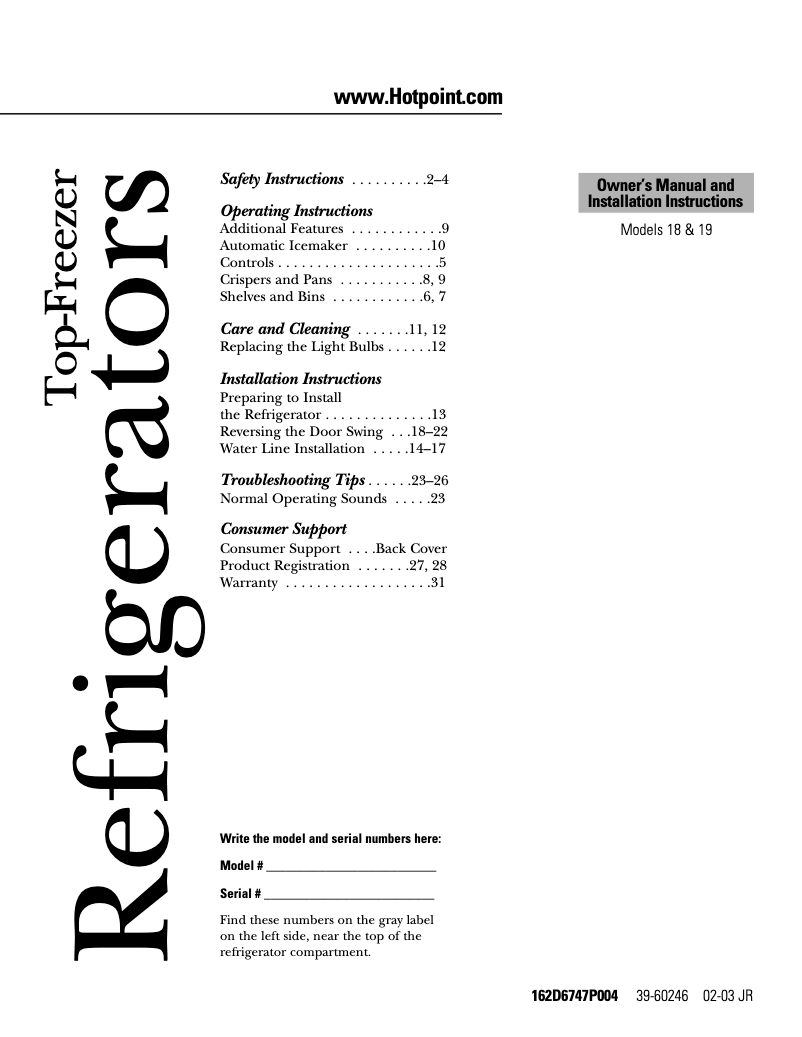 Page 1 de la notice Manuel d'utilisation et d'entretien Hotpoint HTS18JCPWW