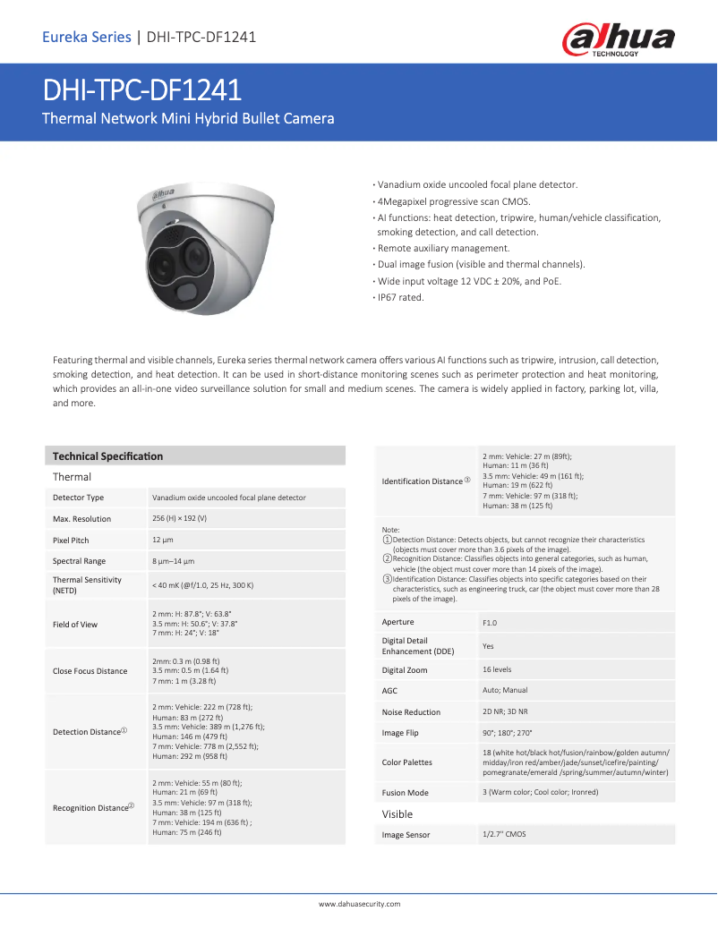 Page 1 de la notice Fiche technique Dahua Technology TPC-DF1241-S2