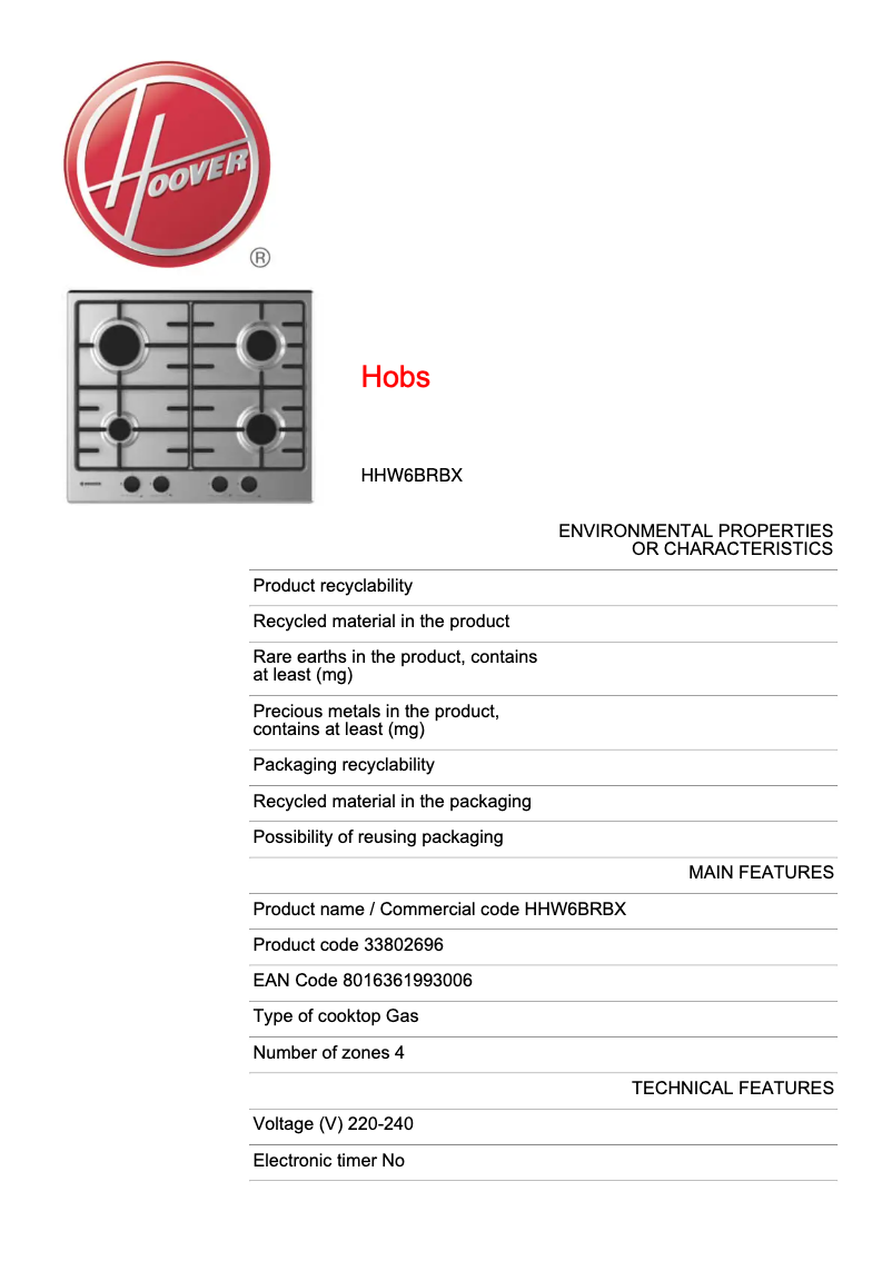 Page n°1 - Fiche technique Hoover HHW6BRBX