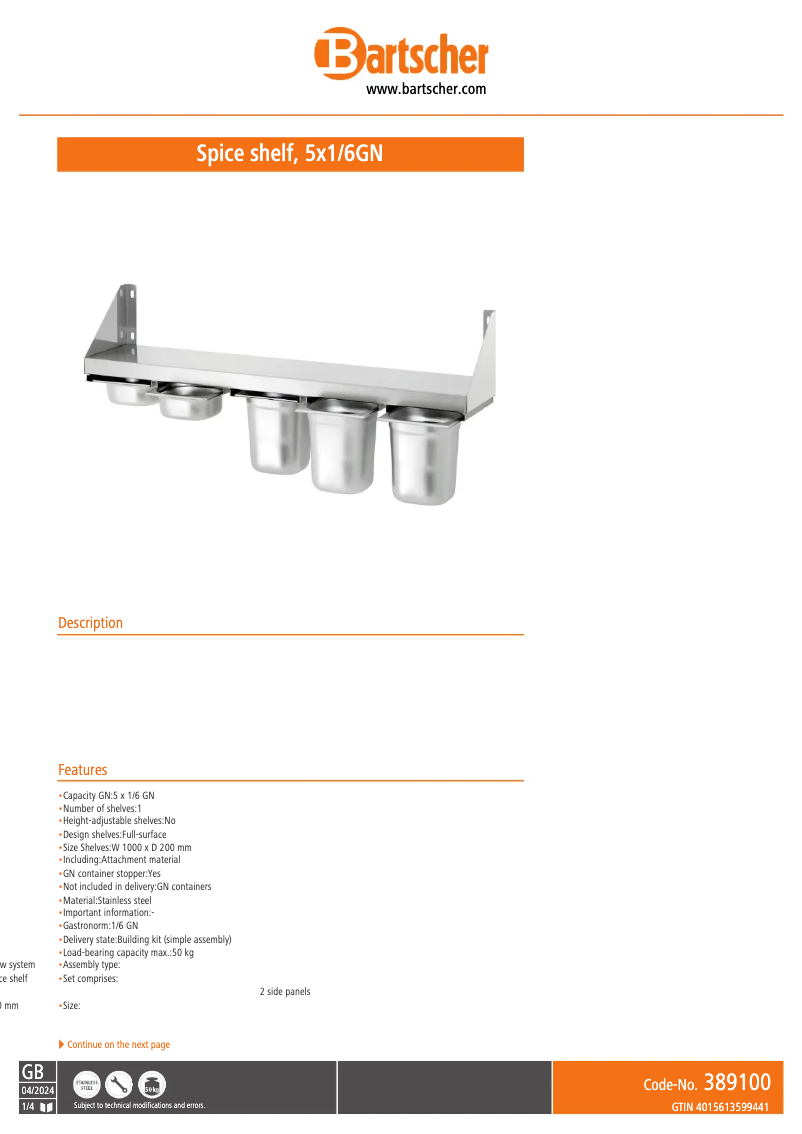 Page 1 de la notice Manuel utilisateur Bartscher 389100