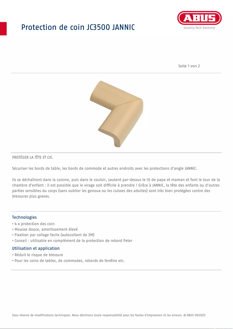 Page 1 de la notice Fiche technique Abus JC3500