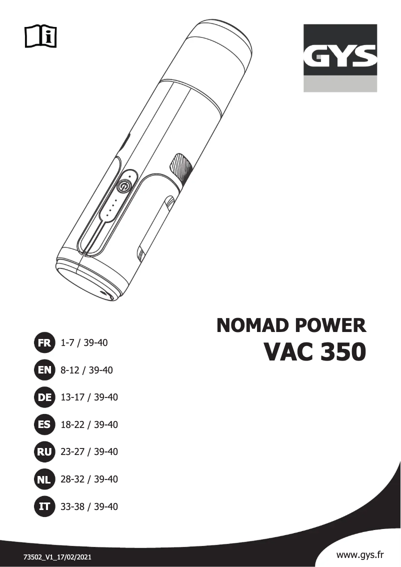 Image de la première page du manuel de l'appareil Nomad Power VAC 350