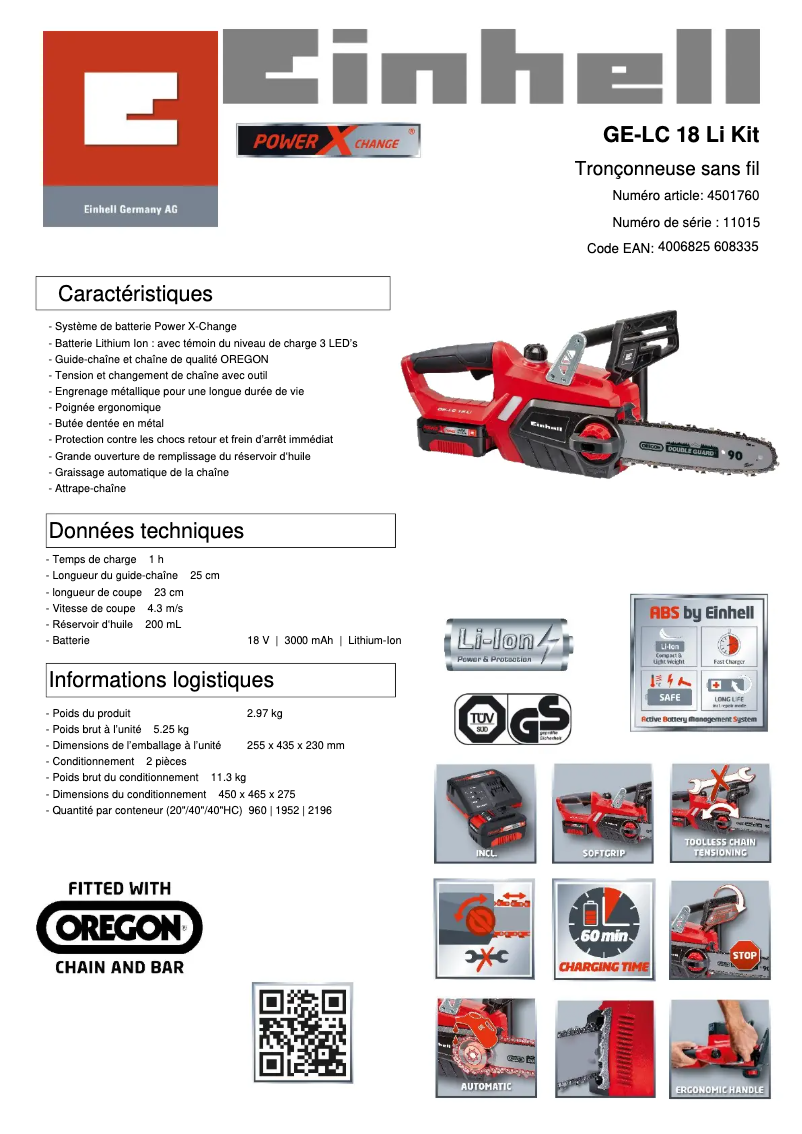Page 1 de la notice Fiche technique Einhell GE-LC 18 Li