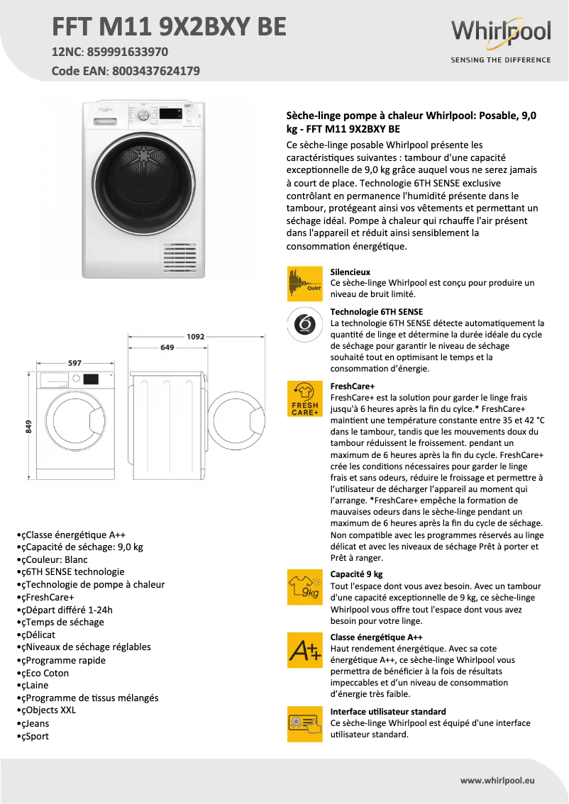 Página 1 del manual Ficha técnica Whirlpool FFT M11 9X2BXY BE