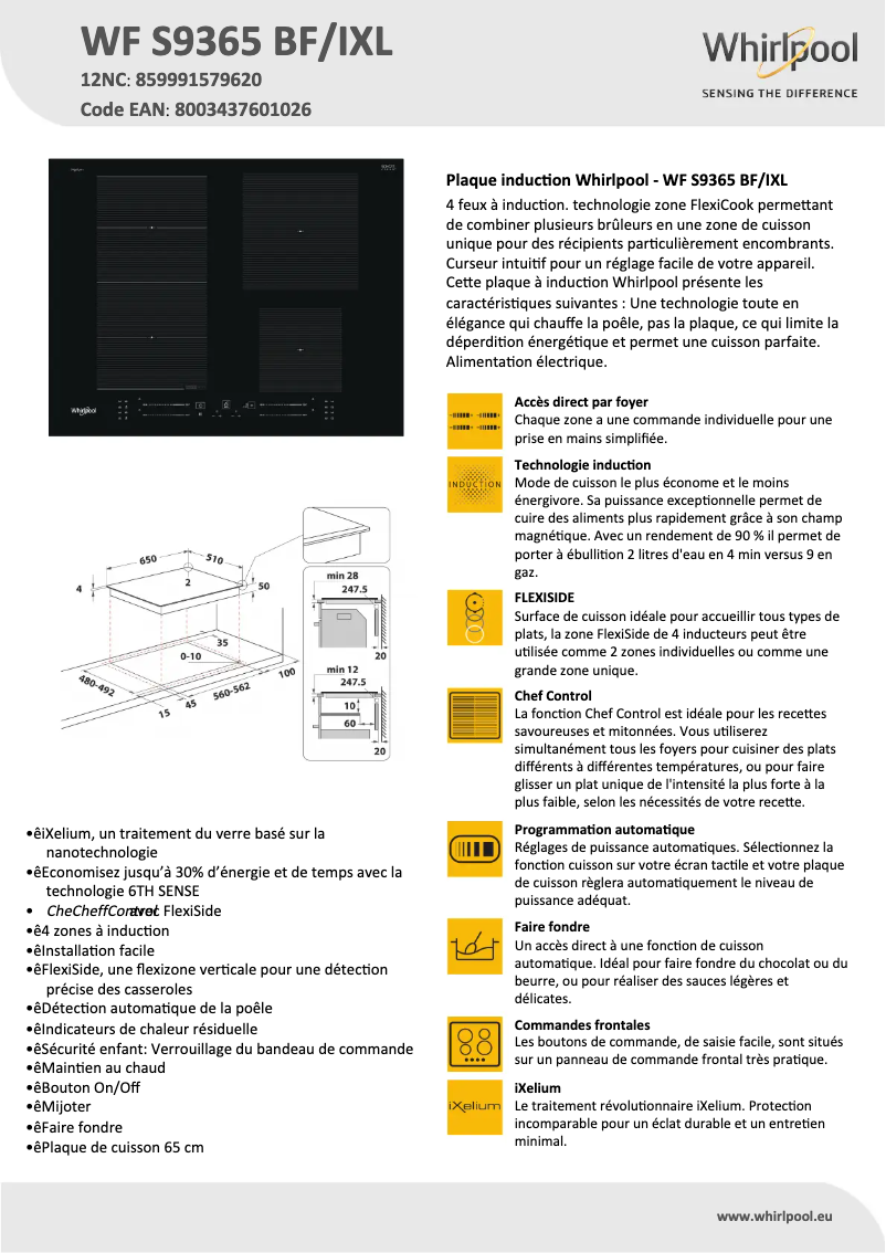 Page 1 de la notice Fiche technique Whirlpool WF S9365 BF/IXL