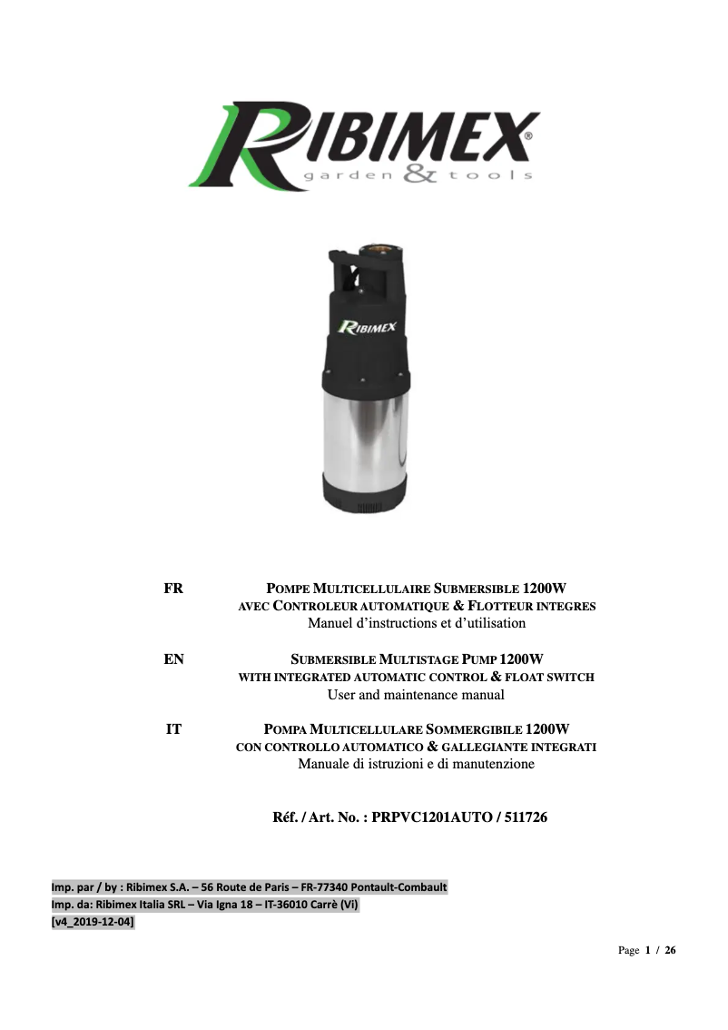 Page n°1 - Manuel utilisateur Ribimex PRPVC1201AUTO