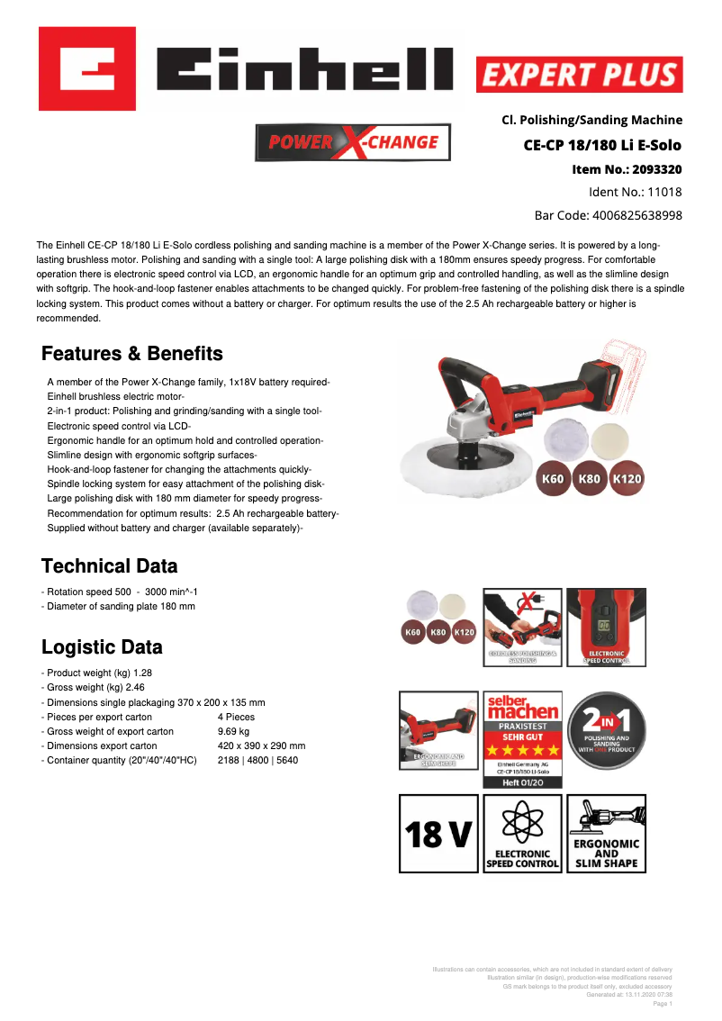 Page 1 de la notice Fiche technique Einhell CE-CP 18/180 Li E-Solo