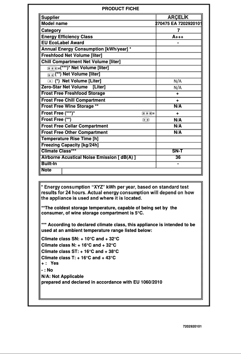 Page n°1 - Fiche technique Arçelik 270475 EA