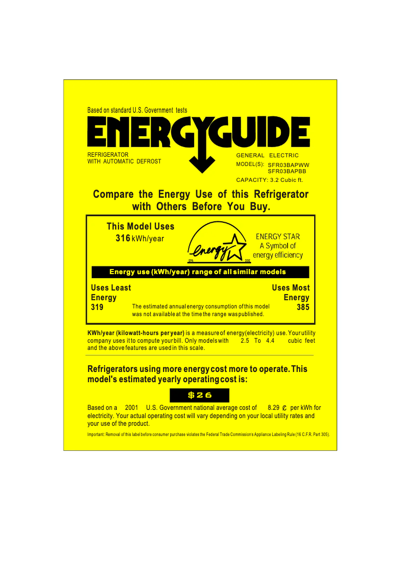 Page 1 de la notice Label énergétique GE SFR03BAPWW