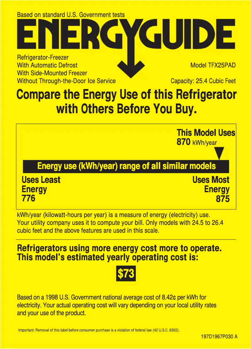 Page 1 de la notice Label énergétique GE Profile TFX25PADBB