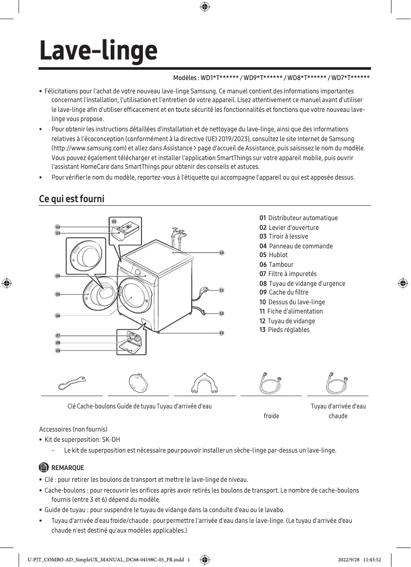 Page 1 de la notice Manuel utilisateur Samsung WD90T734ABH