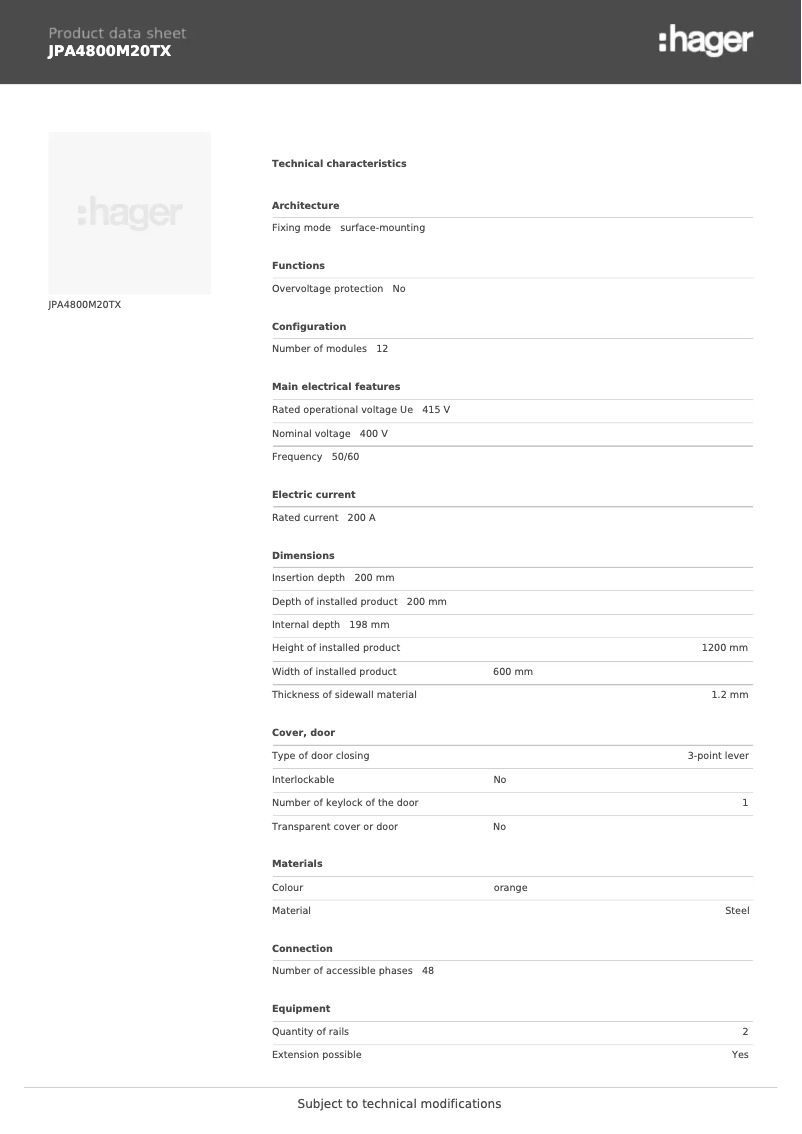 Page 1 de la notice Fiche technique Hager JPA4800M20TX