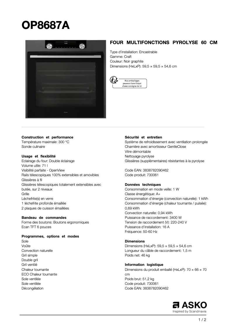 Page 1 de la notice Fiche technique Asko OP8687A