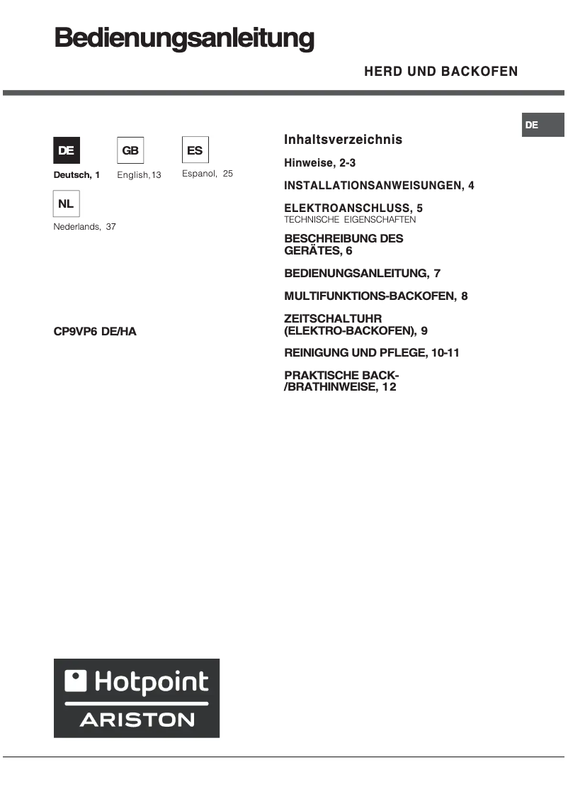 Page n°1 - Manuel utilisateur Hotpoint CP9VP6 DE/HA