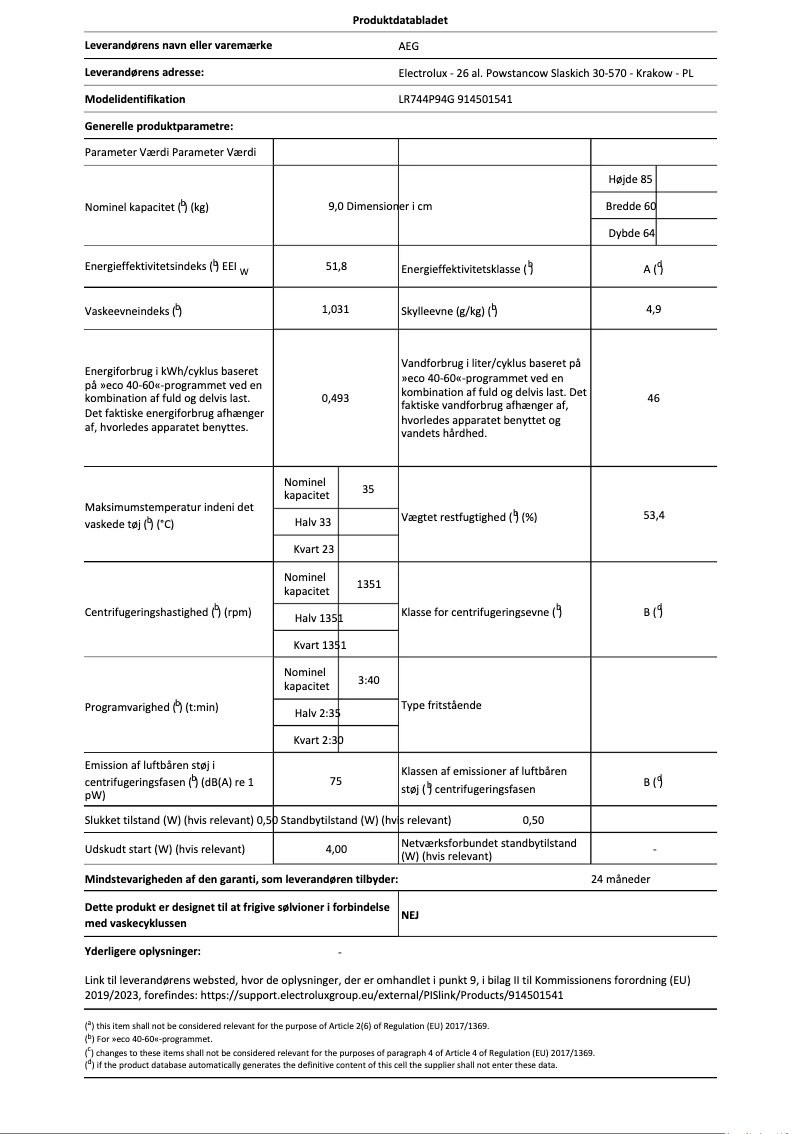 Page n°1 - Fiche technique AEG LR744P94G