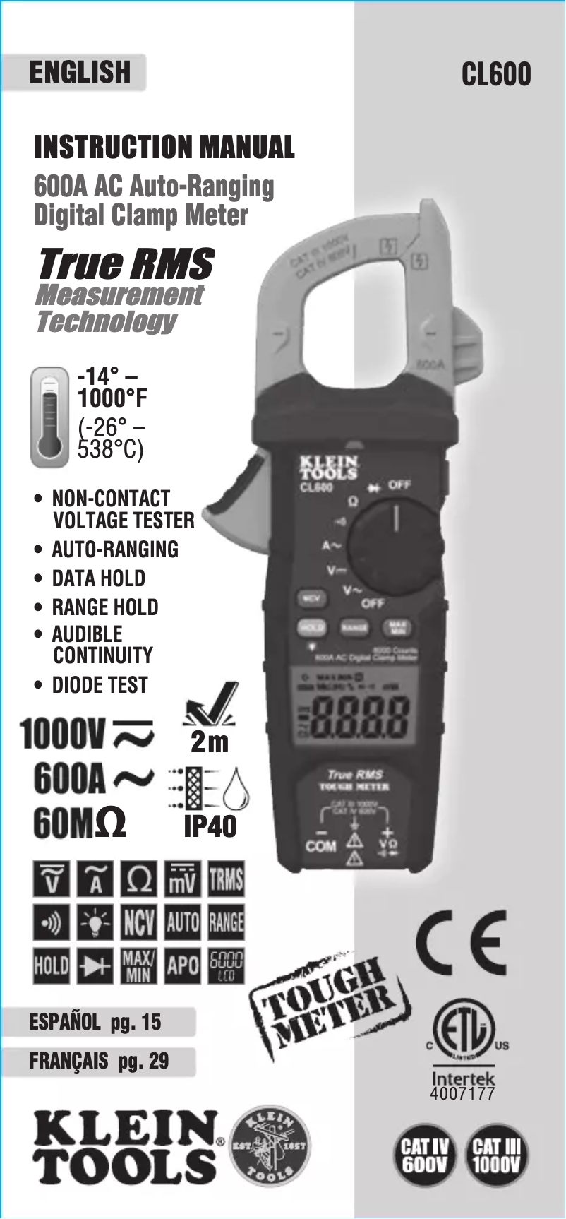 Page 1 de la notice Guide d'installation Klein Tools CL600