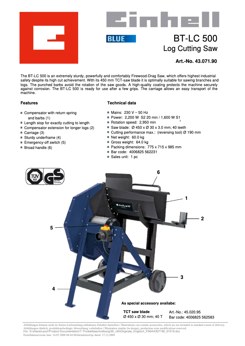 Page 1 de la notice Manuel utilisateur Einhell BT-LC 500
