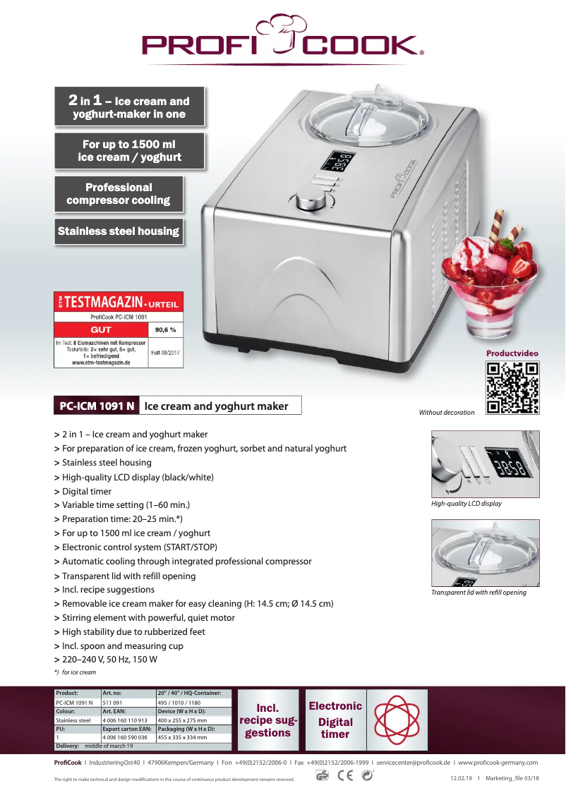 Page 1 de la notice Fiche technique ProfiCook PC-ICM 1091 N