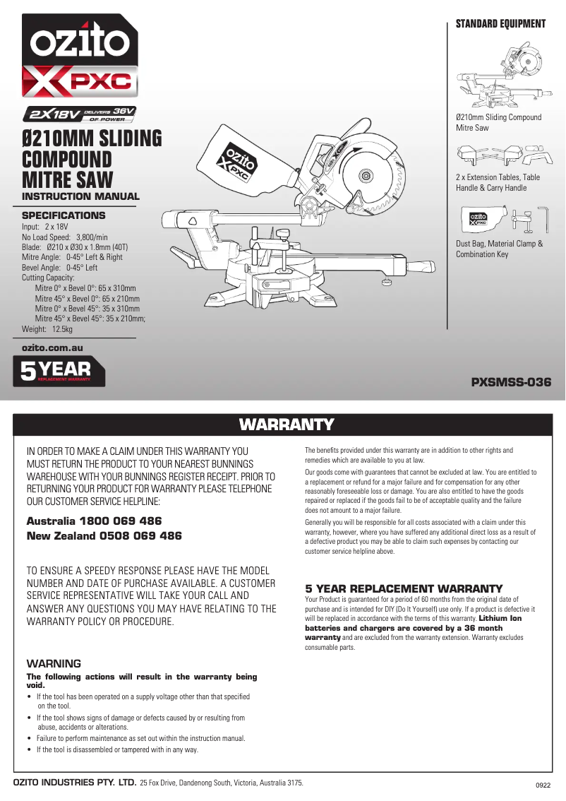 Page 1 de la notice Manuel utilisateur Ozito PXSMSS-036
