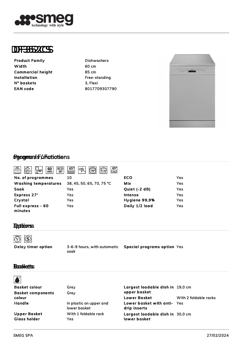 Page 1 de la notice Fiche technique Smeg DF352CS