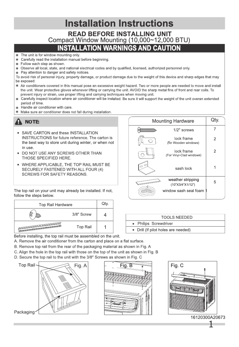 Page n°1 - Guide d'installation Frigidaire FHWW124WD1