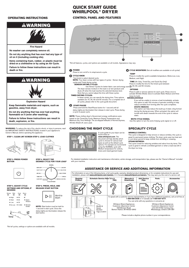 Page n°1 - Guide de démarrage rapide Whirlpool YWED5010LW