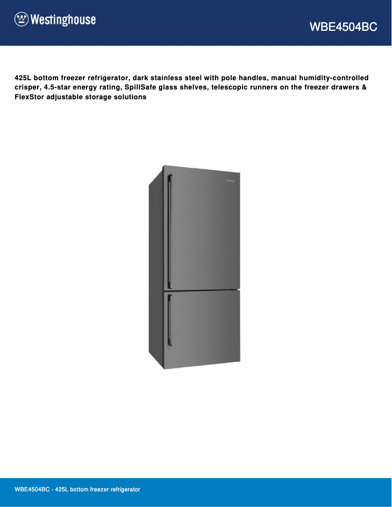 Page 1 de la notice Fiche technique Westinghouse WBE4504BC