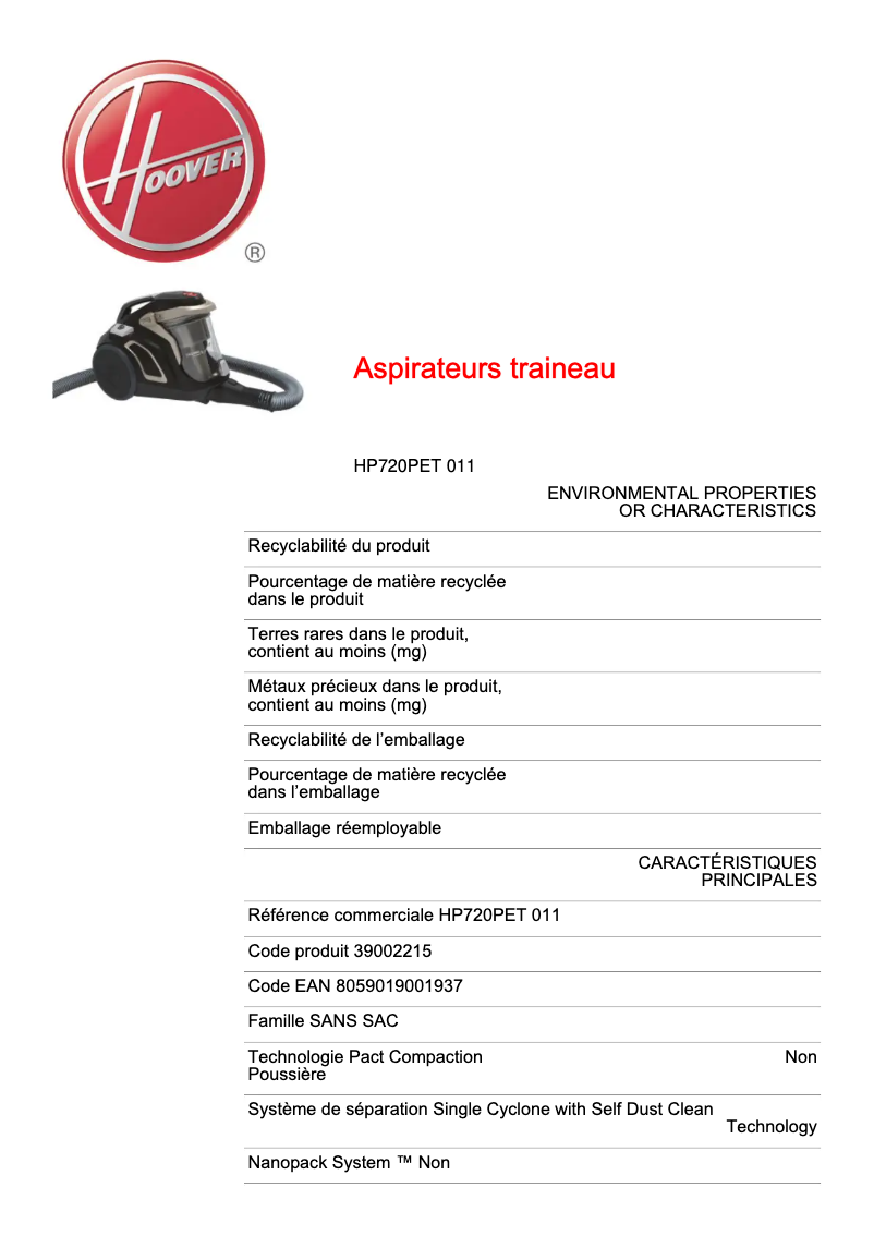 Page n°1 - Fiche technique Hoover H-Power 700 HP720PET 011