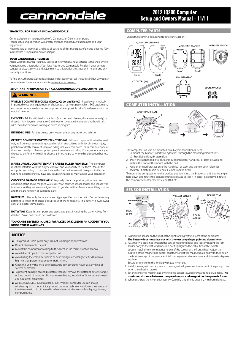 Page n°1 - Manuel utilisateur Cannondale IQ200