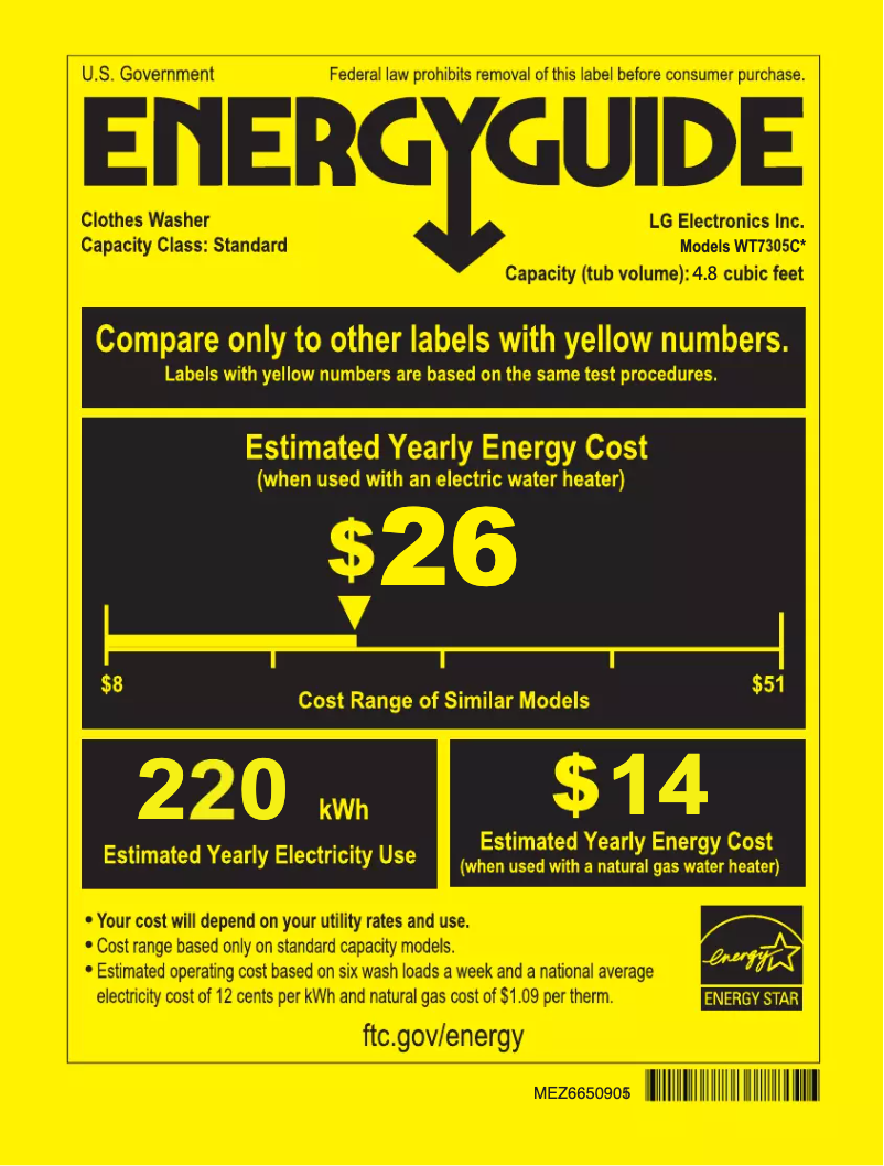 Page 1 de la notice Label énergétique LG WT7305CW