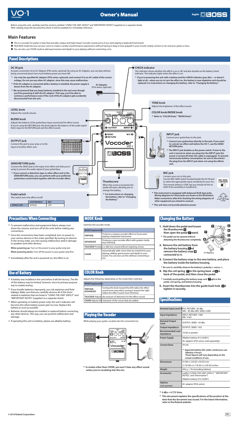 Image de la première page du manuel de l'appareil VO-1