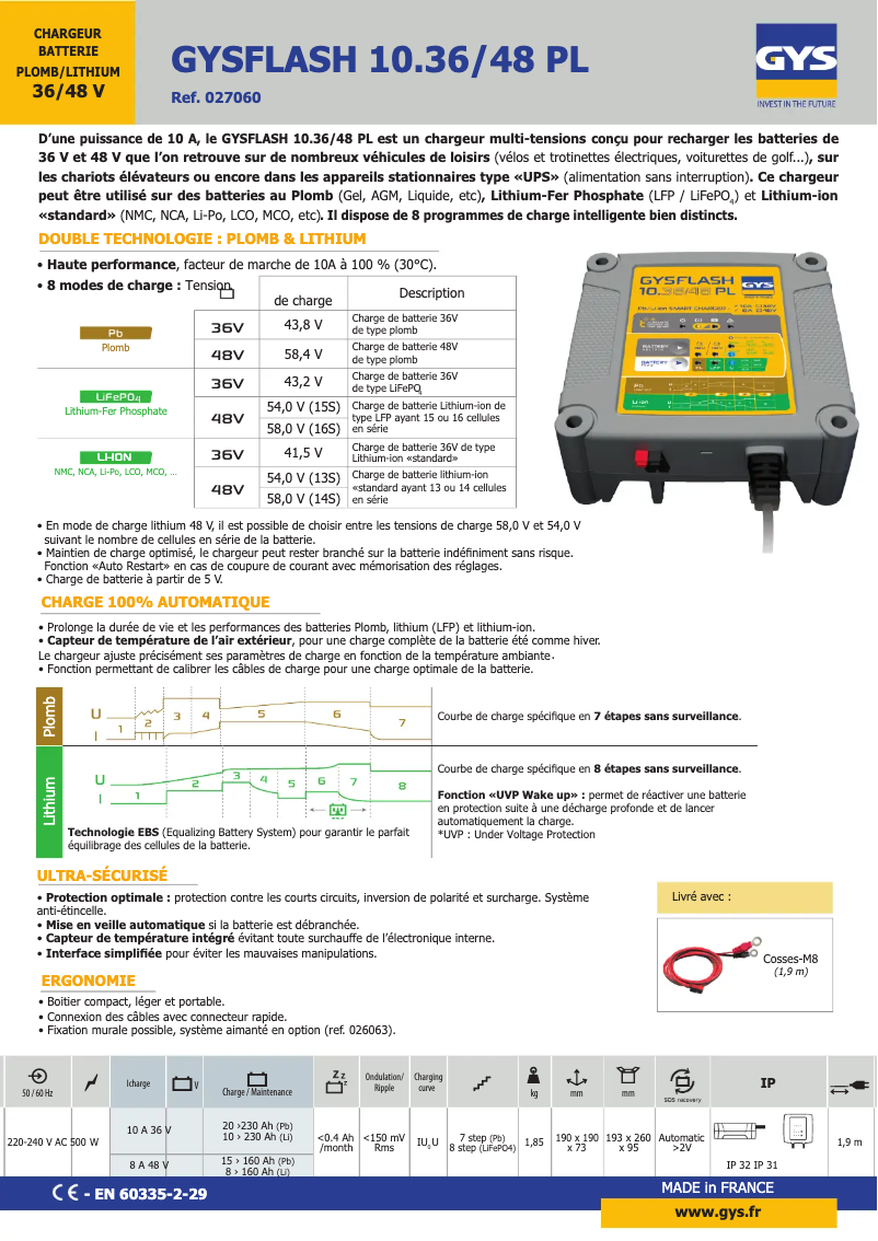 Page 1 de la notice Fiche technique GYS Gysflash 10.36/48 PL