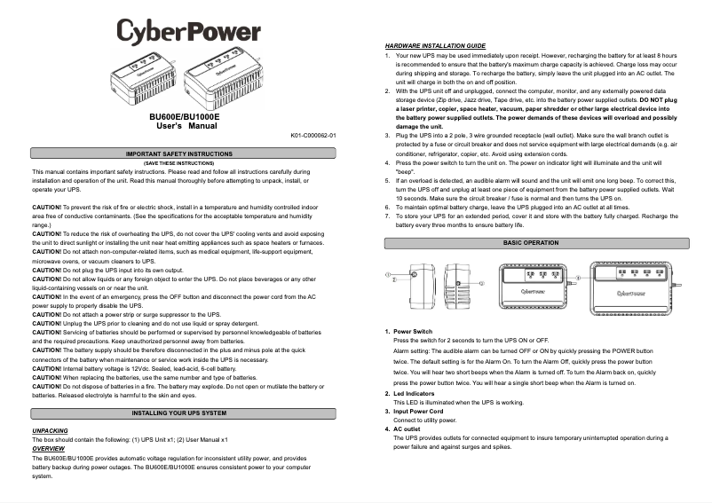 Page 1 de la notice Manuel utilisateur CyberPower BU1000E