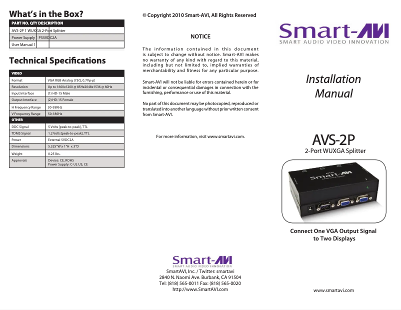 Page 1 de la notice Manuel utilisateur Smart-AVI AVS-2P