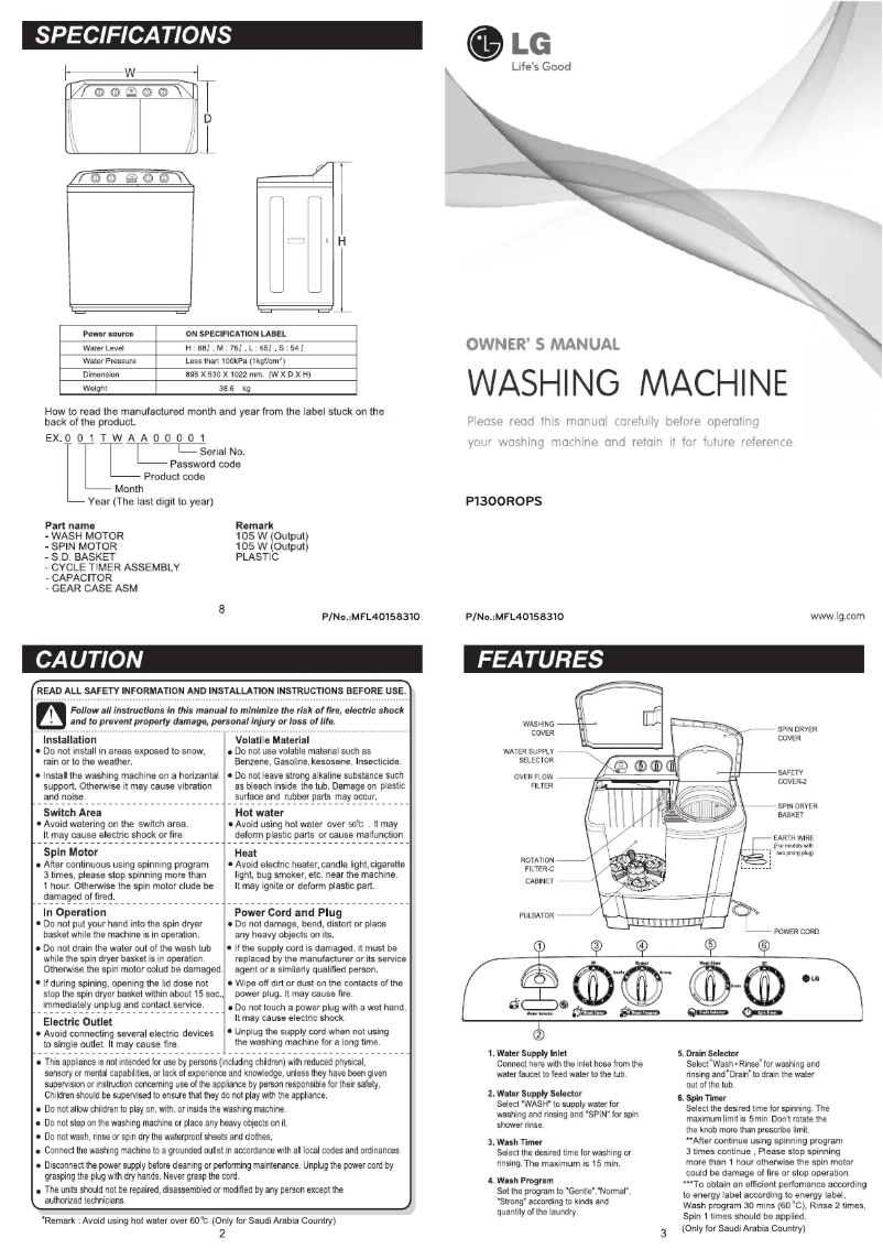 Page n°1 - Manuel utilisateur LG P1300ROPS