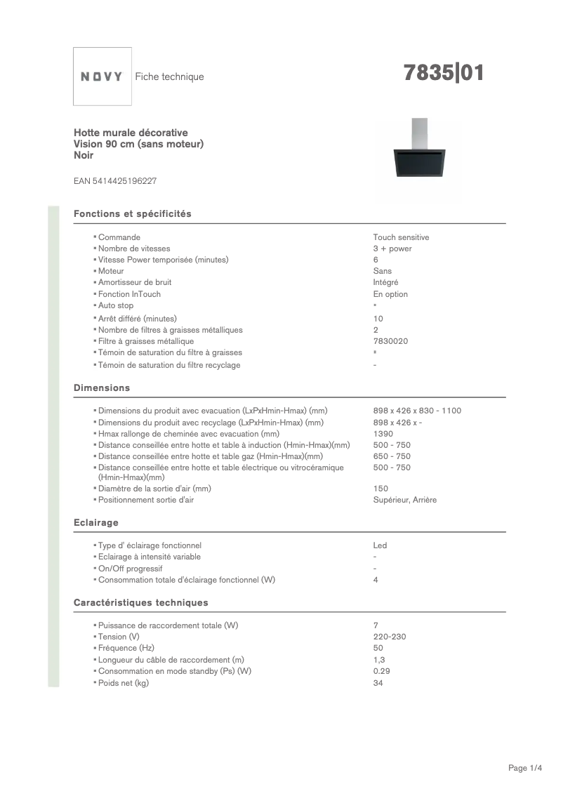 Page 1 de la notice Fiche technique Novy Vision 7835