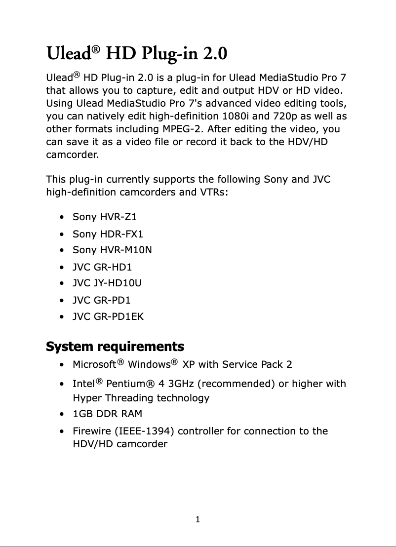 Page 1 de la notice Manuel utilisateur Ulead HD Plug-in 2.0