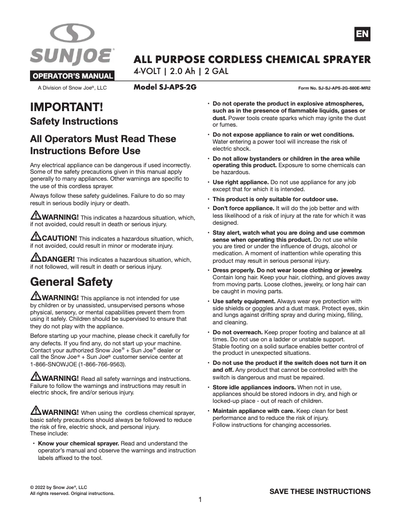 Page n°1 - Manuel utilisateur Sun Joe SJ-APS-2G