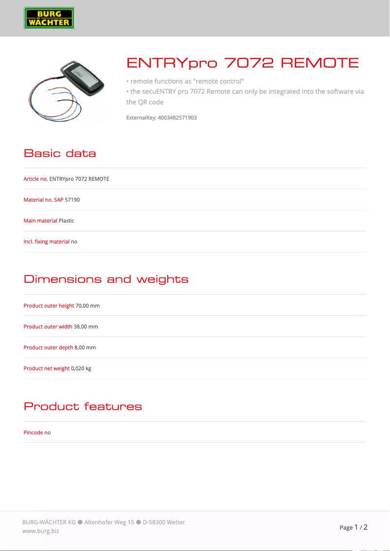Page 1 de la notice Fiche technique Burg Wächter ENTRYpro 7072 REMOTE