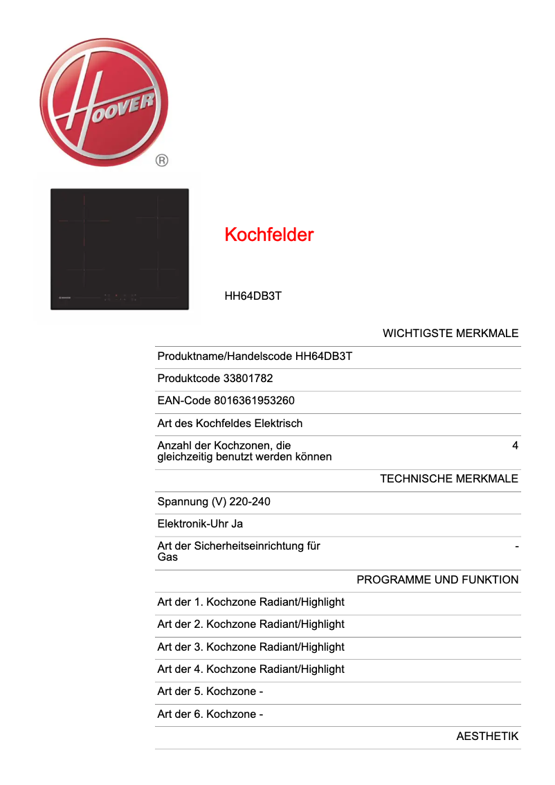 Page 1 de la notice Fiche technique Hoover HH64DB3T
