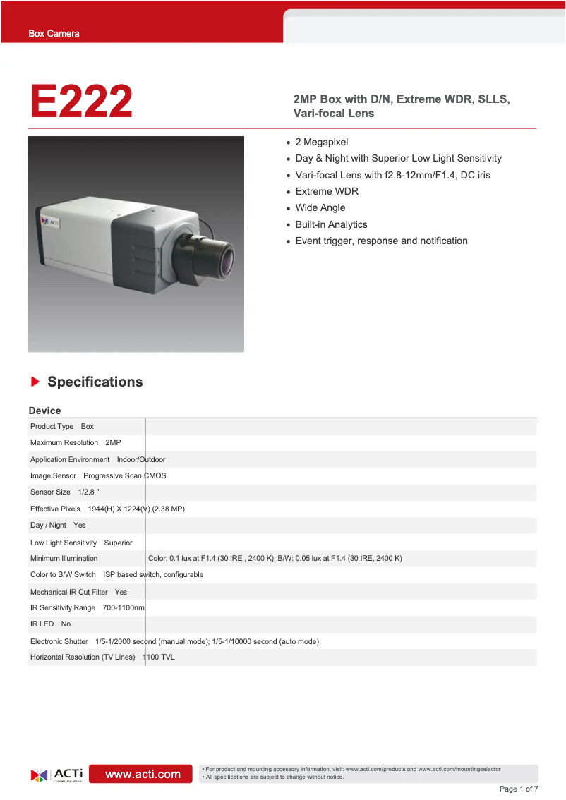 Page 1 de la notice Fiche technique ACTi E222