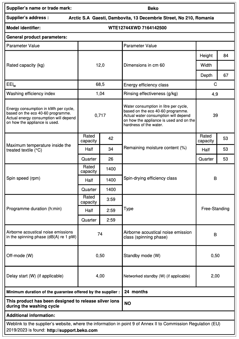 Page 1 de la notice Fiche technique Beko WTE12744XWD