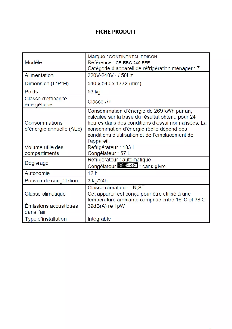 Page 1 de la notice Label énergétique Continental Edison CERBC240FFE